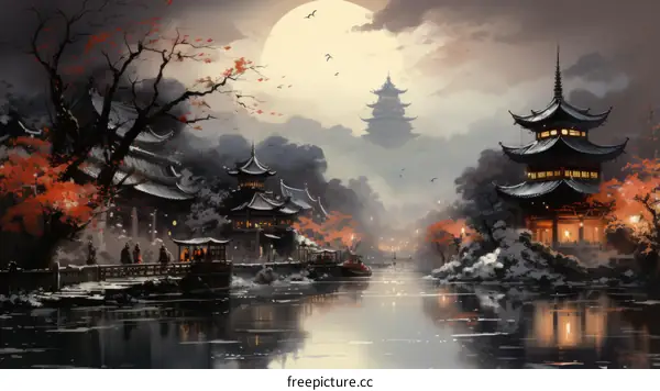 Nighttime Chinese Village by the River
