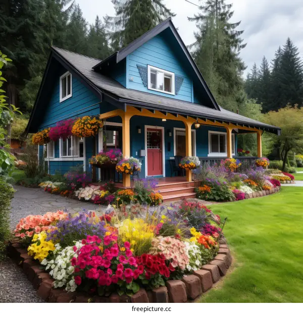 Colorful flowers in front of a blue house