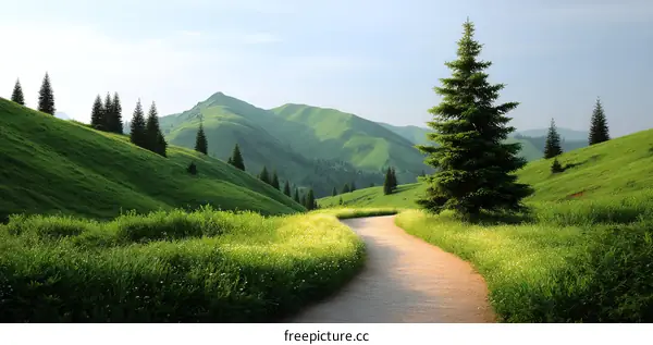 Serene Mountain Landscape Path Winding Through Meadows