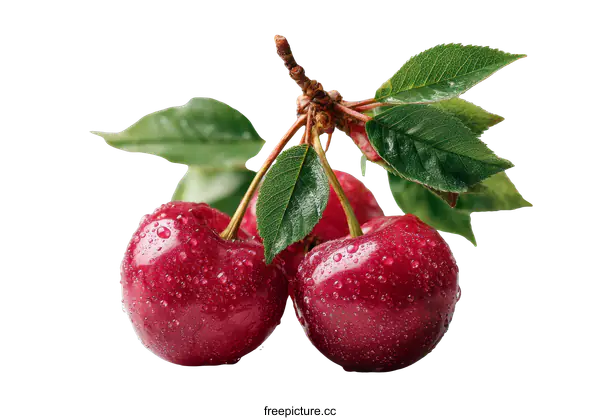 [Transparent Background PNG]Close-up Fresh Cherries with Dew Drops