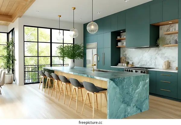 Modern Teal Kitchen with Island and Large Windows