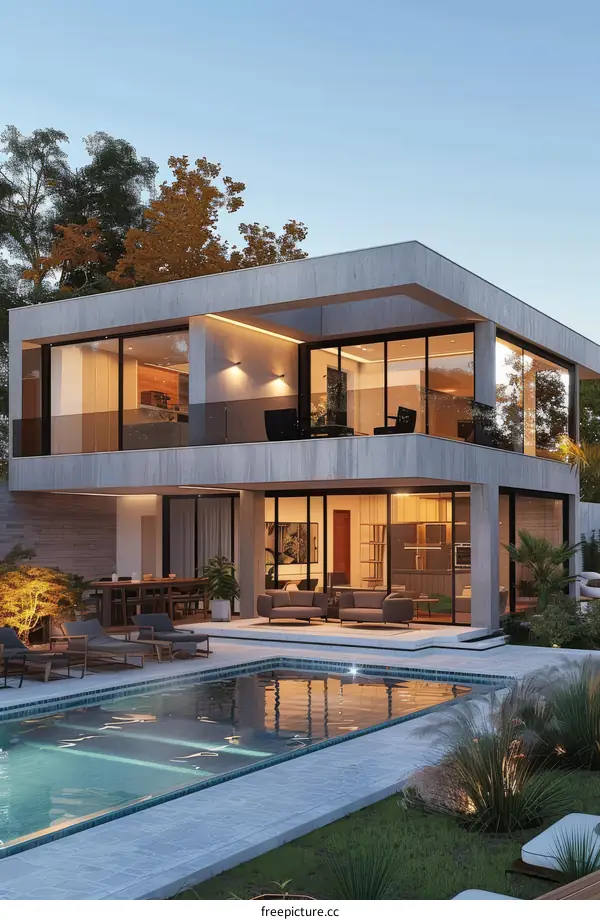 Modern Concrete House with Pool and Garden