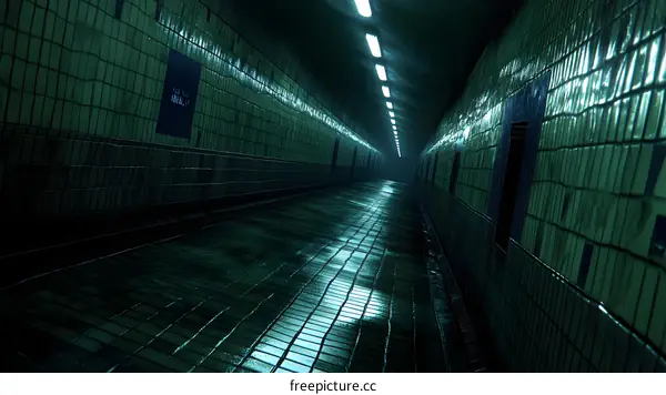 Dark and Mysterious Subway Tunnel with Green Tiles