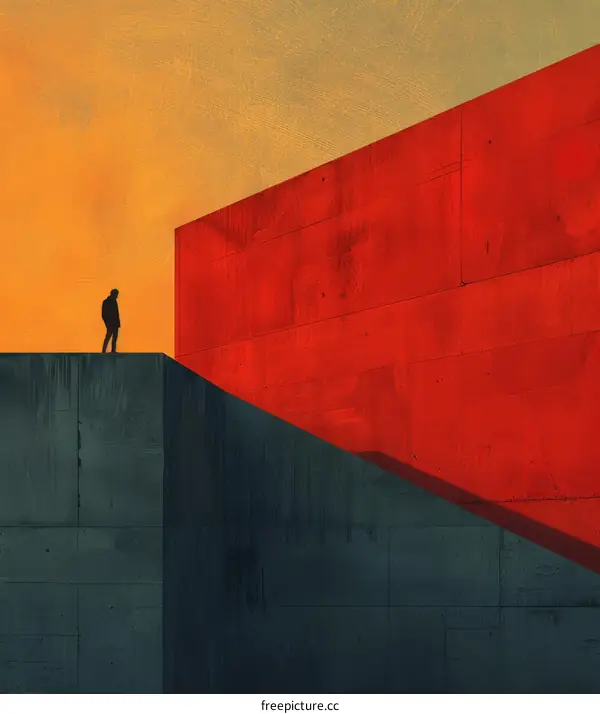 A lonely man standing on a rooftop overlooking a city at sunset