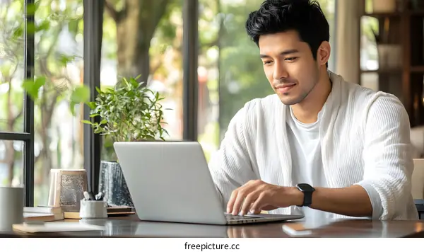Man Using Laptop Computer In Cafe With Green Plants