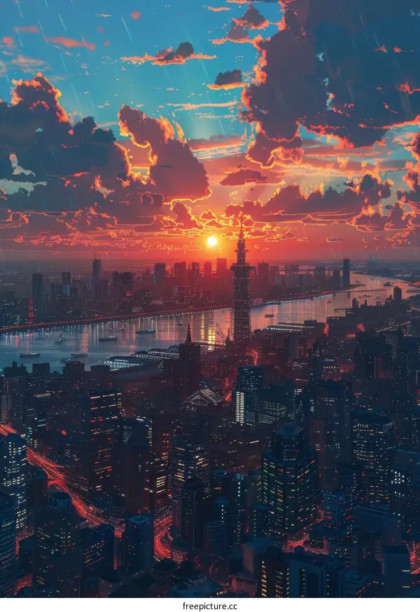 Cityscape Sunset Illustration with Dramatic Clouds
