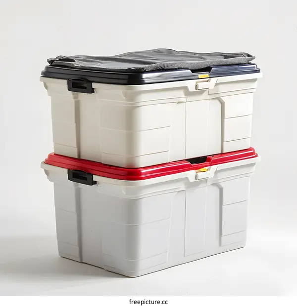 Two plastic storage boxes with lids stacked on top of each other