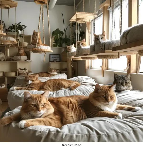 A group of cats relaxing in a room full of cat beds and toys