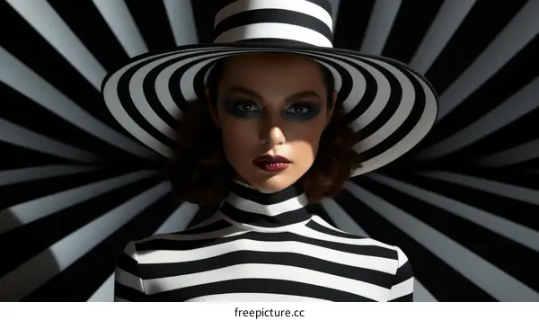 Black and white portrait of a woman wearing a large striped hat