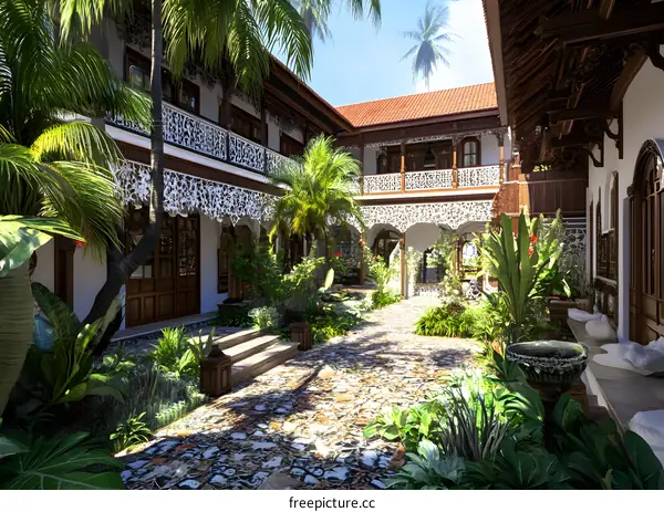 Tropical Courtyard With Ornate Balconies And Palm Trees