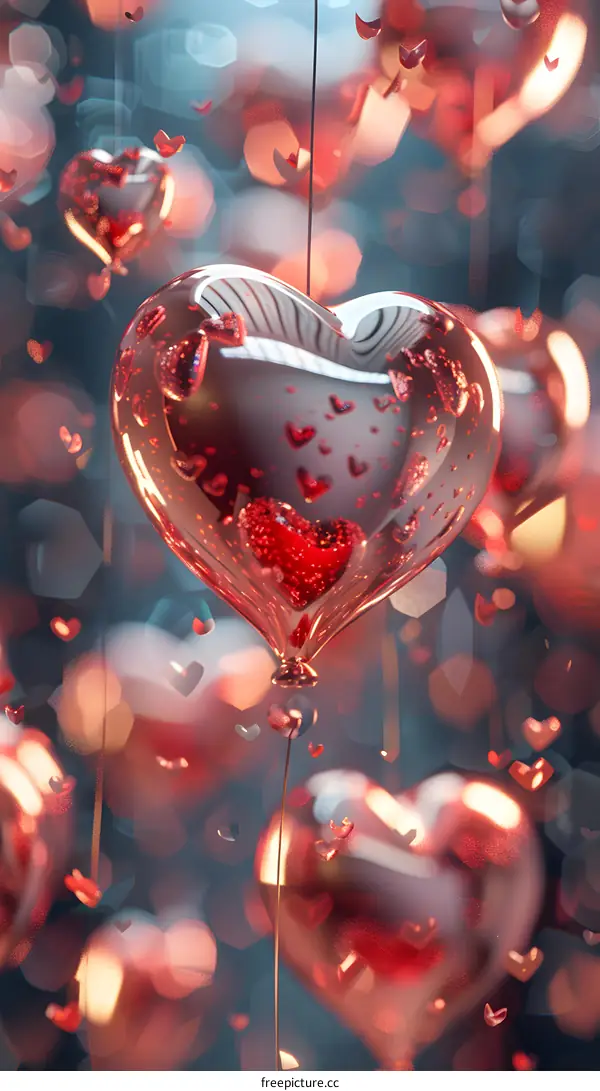 A red heart-shaped balloon with many red heart-shaped balloons inside it floats in a large area with a shiny surface.