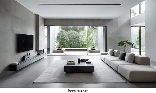 Modern Living Room Design with Large Windows and Garden View