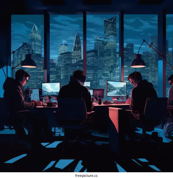 Illustration of four people working late in an office with a city skyline in the background