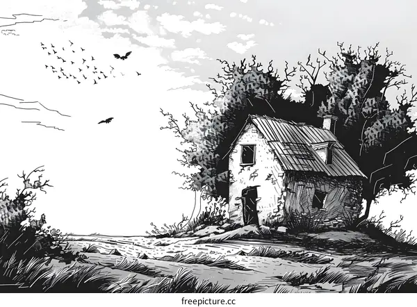 Black and White Illustration of a Small House in the Woods
