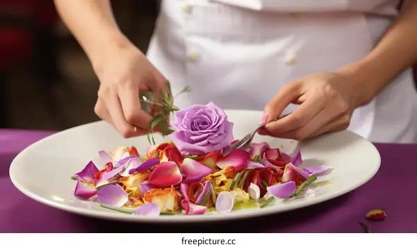 Chef carefully decorating a dish with edible flowers
