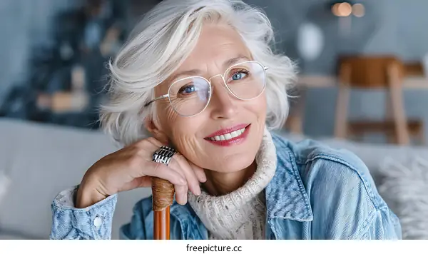Smiling Senior Woman with Glasses and Walking Cane