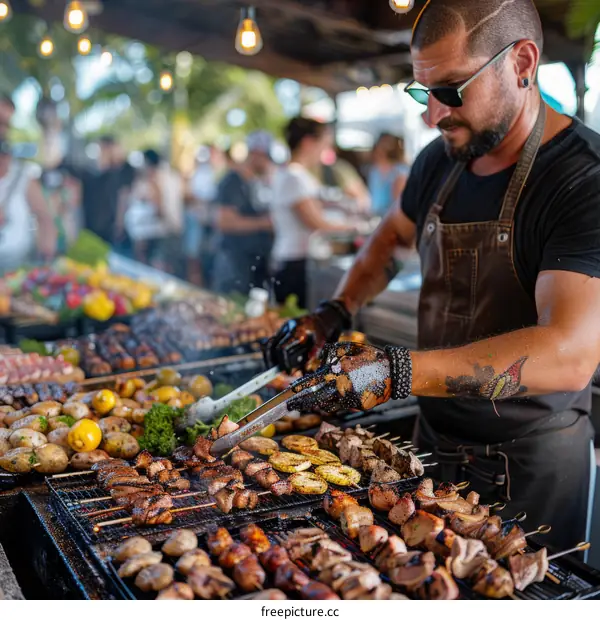 Bearded man grilling meat and vegetables on a large grill
