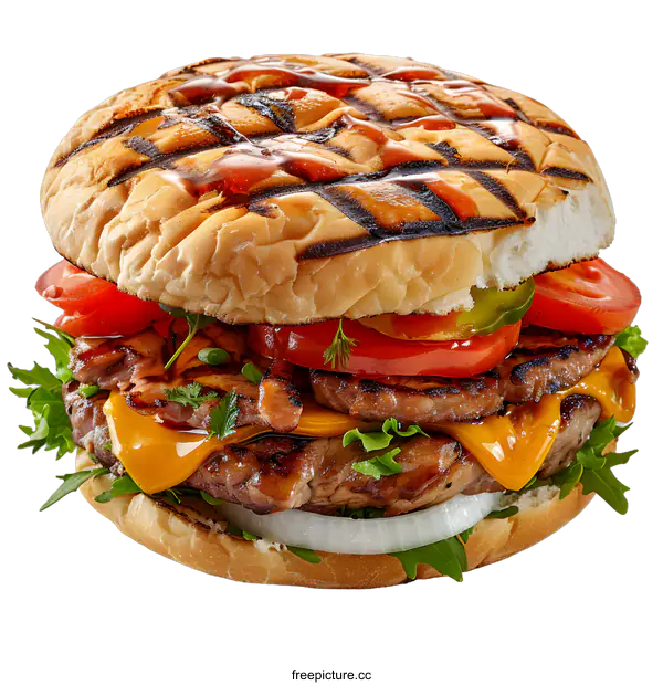 [Transparent Background PNG]A delicious-looking burger with a variety of toppings