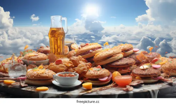 A colorful feast with a variety of food and drinks