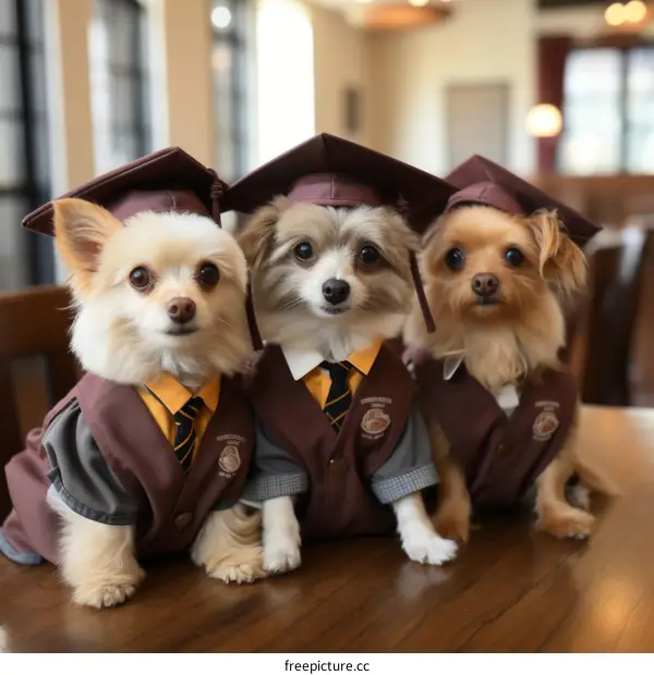 Three Dogs in Graduation Caps and Gowns