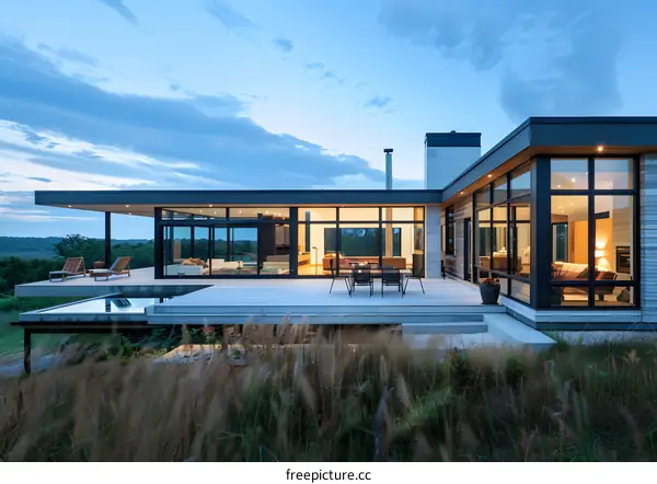 Modern House with Large Windows and a Deck Overlooking a Meadow