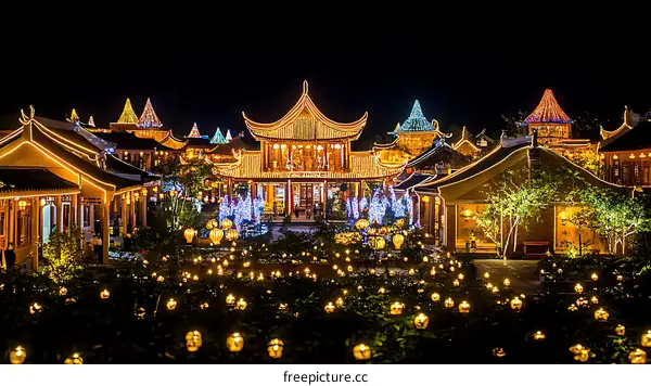 Night View of a Chinese Restaurant District with Festive Lighting