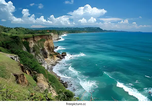Aerial View of Coastline with Cliffs and Ocean Waves