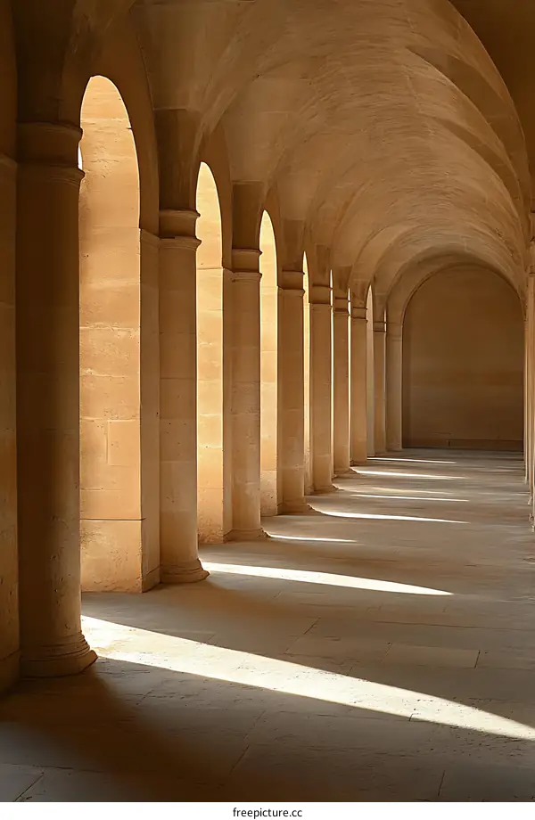 Arched Hallway with Sunlight Streaming Through Columns