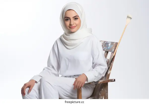 A young woman wearing a white hijab is sitting on a chair and holding a paintbrush.