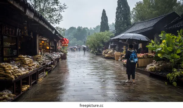 Rainy Market Street Scene in Ancient Town