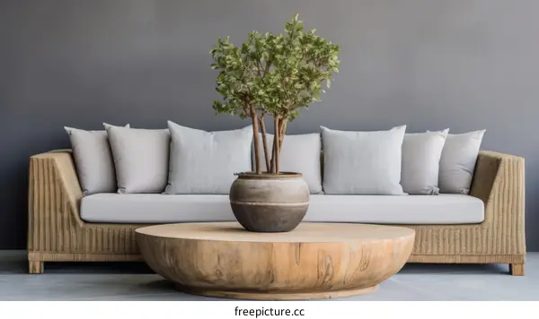 Modern Living Room with Sofa, Coffee Table, and Plant