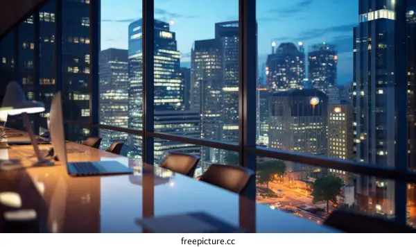 Modern cityscape with skyscrapers and a view of the night city from the office window