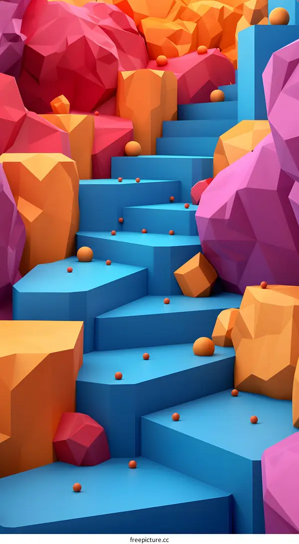 Pink and blue geometric shapes form a stepped platform.