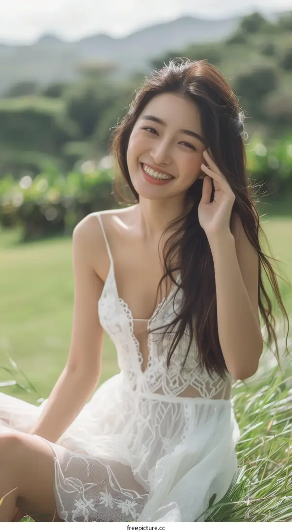 An Asian woman in a white dress is sitting on the grass and smiling