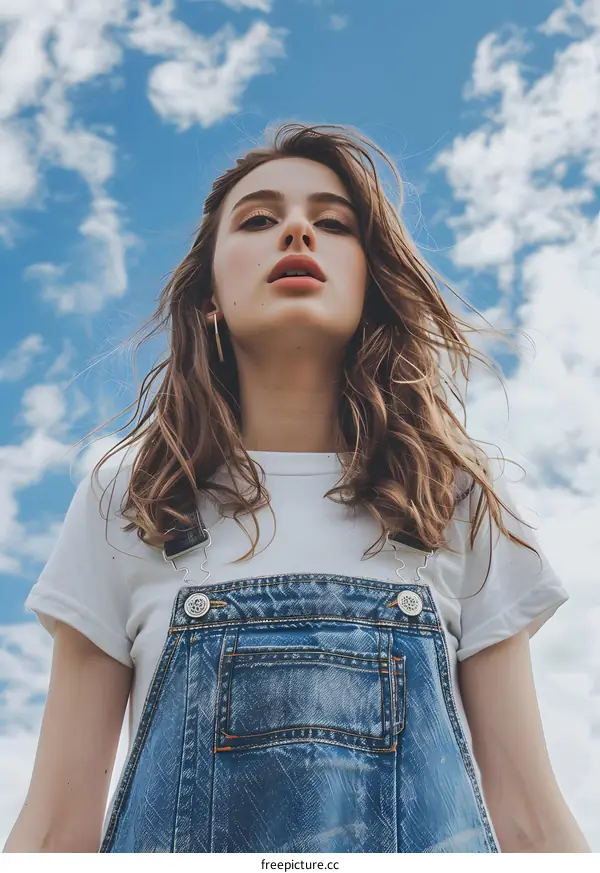 Woman with Long Hair Wearing Blue Overalls Looking Up at the Sky