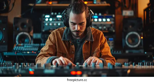 Male audio engineer working at a mixing console in a recording studio