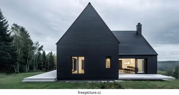 Modern Black Wooden House with Large Windows and Deck