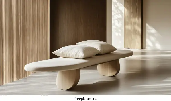 Modern Wooden Bench with Beige Cushions
