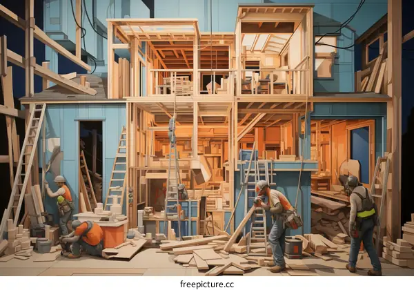 Carpenters working on the interior of a house