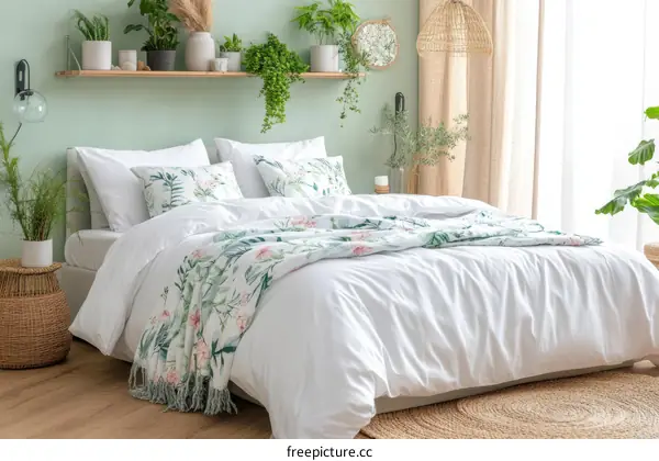 White Bedding Set with Botanical Print