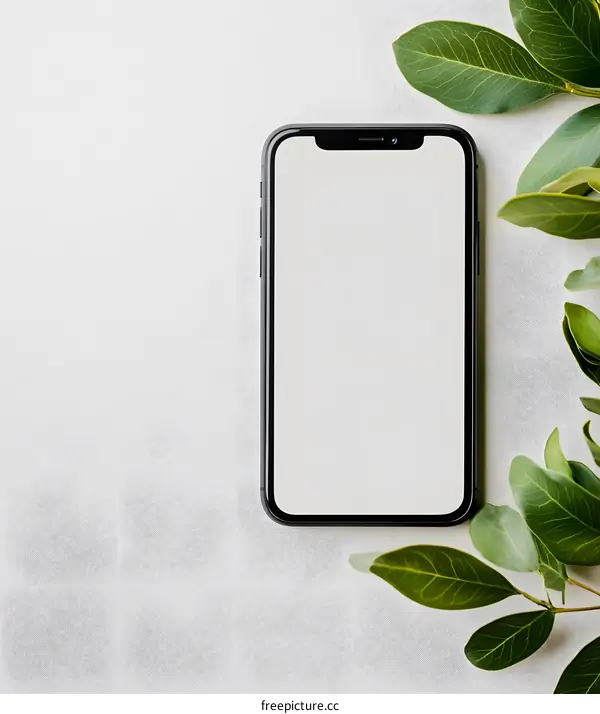 Modern Smartphone Mockup with Green Leaves on White Background