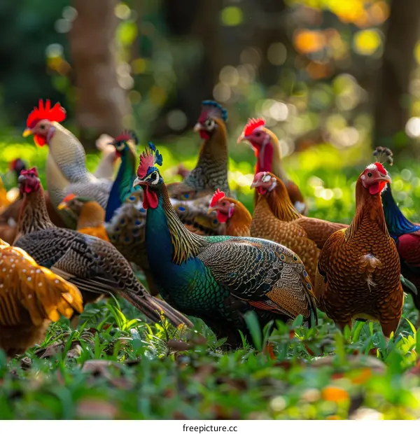 Peafowl and Chickens Foraging in a Tropical Forest