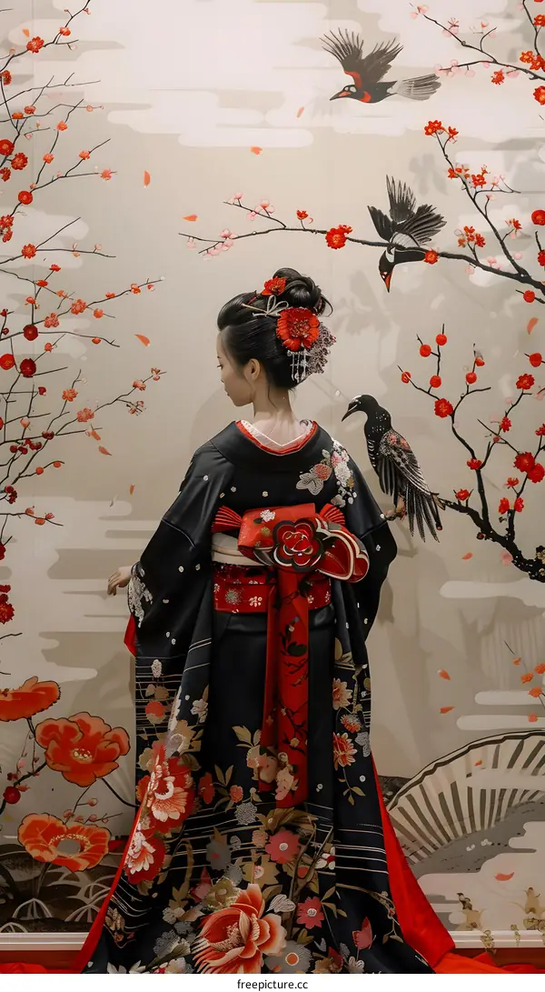Woman in Traditional Japanese Kimono with Flowers and Birds