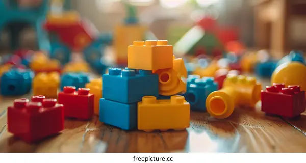 Colorful Plastic Building Blocks on Wooden Floor