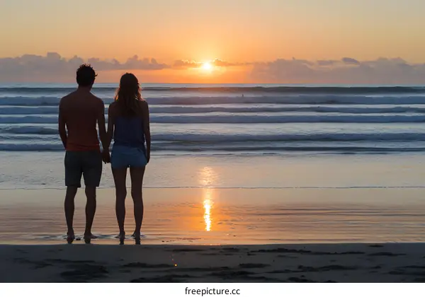 Silhouettes of Couple Holding Hands at Sunset on Beach
