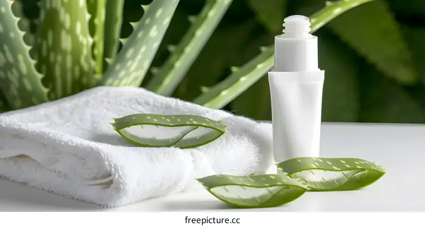Aloe Vera Cream Tube And Leaves On White Towel