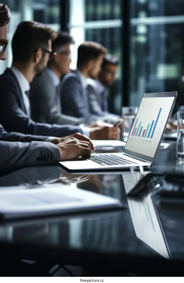 Business people discussing financial statistics during a meeting