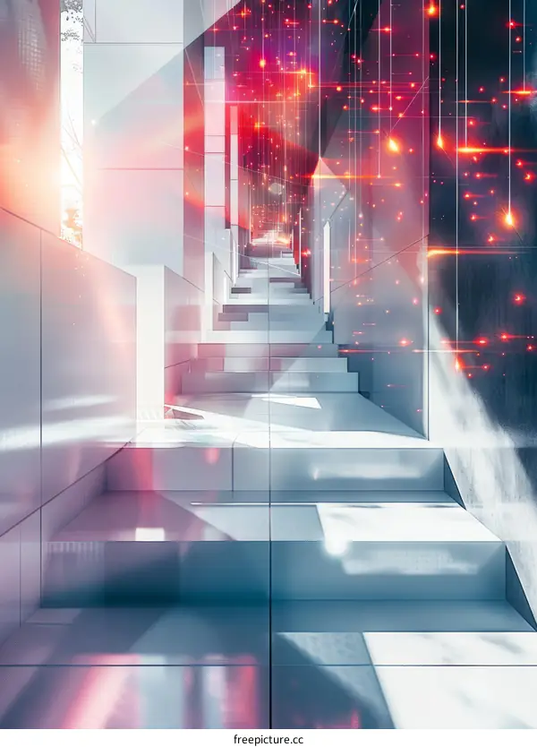 Red Glowing Particles Ascending in a Futuristic Stairwell