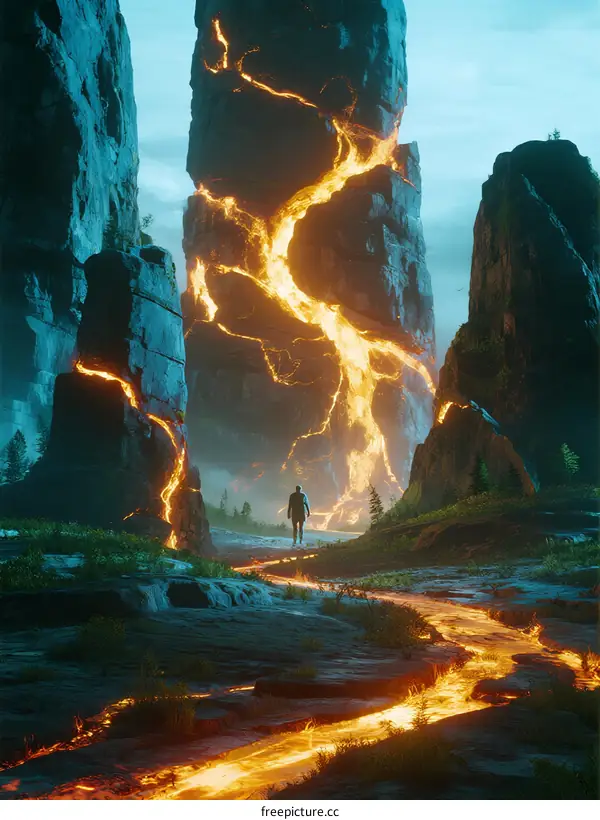 Dramatic scene of a person standing amidst glowing lava in a rocky landscape