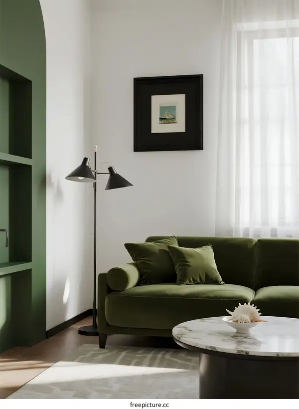 Modern Living Room with Green Sofa and Arched Shelving